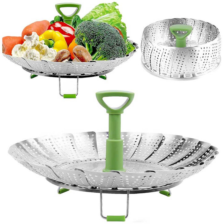 Stainless Steel Foldable Vegetable Steamer Basket with Anti-hot Extendable Handle