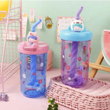 Children's Cartoon Water Bottle with Straw & Stirrer (Transparent Plastic - 450ml)