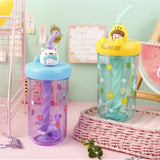 Children's Cartoon Water Bottle with Straw & Stirrer (Transparent Plastic - 450ml)