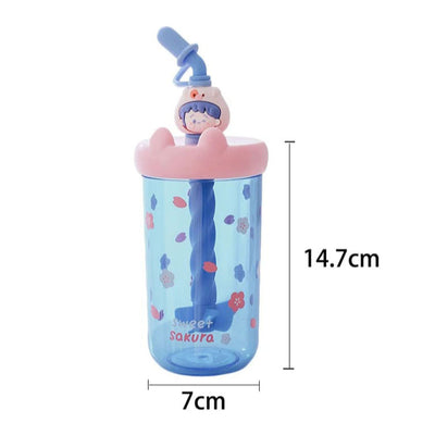 Children's Cartoon Water Bottle with Straw & Stirrer (Transparent Plastic - 450ml)