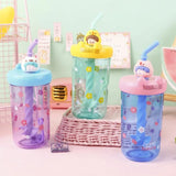 Children's Cartoon Water Bottle with Straw & Stirrer (Transparent Plastic - 450ml)