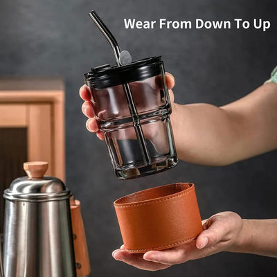 Glass Tumbler with Straw, Lid & Protective Leather Sleeve (450ml)