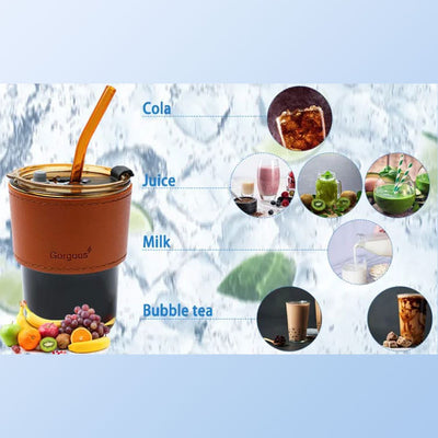 Glass Tumbler with Straw, Lid & Protective Leather Sleeve (450ml)