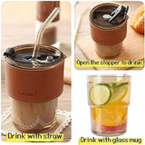 Glass Tumbler with Straw, Lid & Protective Leather Sleeve (450ml)