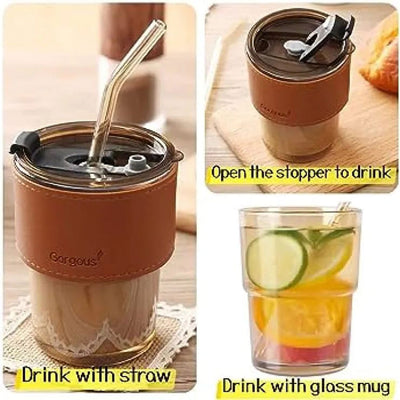 Glass Tumbler with Straw, Lid & Protective Leather Sleeve (450ml)