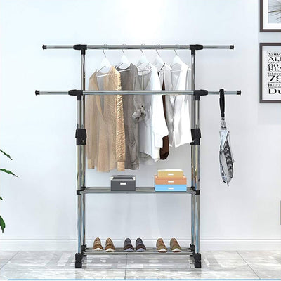 Multipurpose & Adjustable Stainless Steel Double Pole Cloth Hanger with 2 Shelves