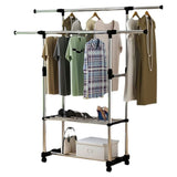 Multipurpose & Adjustable Stainless Steel Double Pole Cloth Hanger with 2 shelves