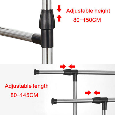 Multipurpose & Adjustable Stainless Steel Double Pole Cloth Hanger with 2 Shelves