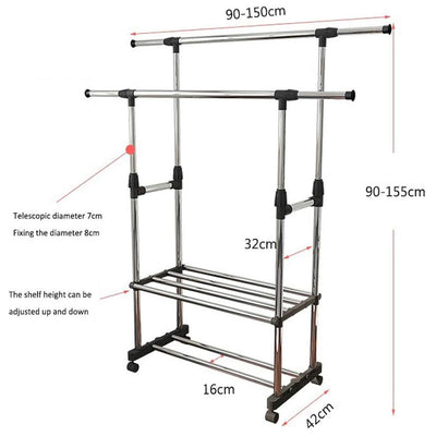 Multipurpose & Adjustable Stainless Steel Double Pole Cloth Hanger with 2 Shelves