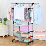 Multipurpose & Adjustable Stainless Steel Double Pole Cloth Hanger with 3 shelves