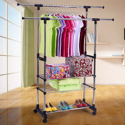 Multipurpose & Adjustable Stainless Steel Double Pole Cloth Hanger with 3 shelves