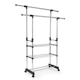 Multipurpose & Adjustable Stainless Steel Double Pole Cloth Hanger with 3 shelves