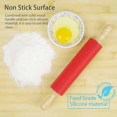 Silicone Rolling Pin with Non-Stick Surface and Wooden Handle