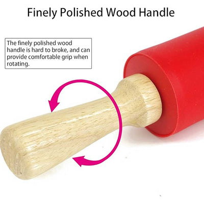 Silicone Rolling Pin with Non-Stick Surface and Wooden Handle