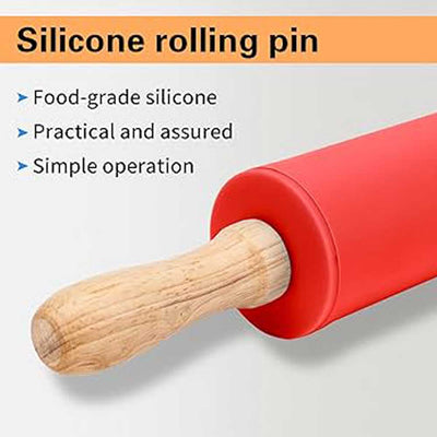 Silicone Rolling Pin with Non-Stick Surface and Wooden Handle