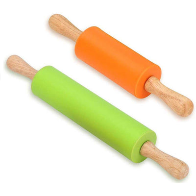Silicone Rolling Pin with Non-Stick Surface and Wooden Handle
