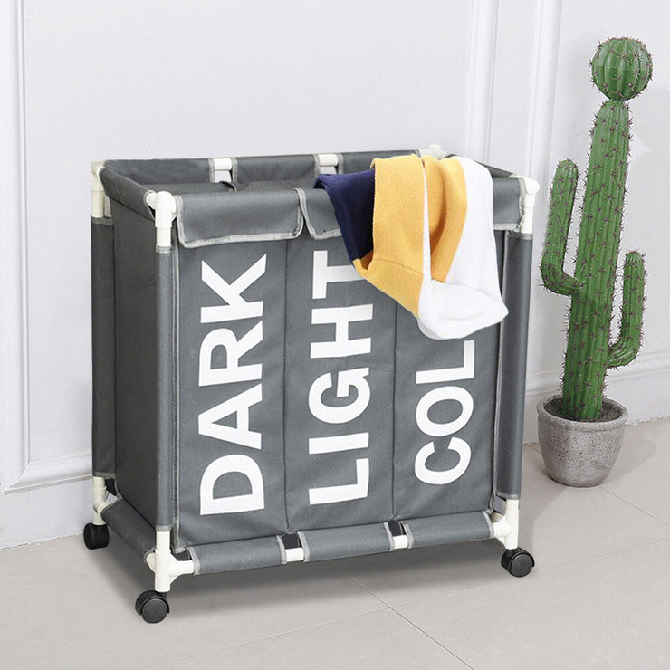 3 Compartment Rolling Laundry Sorter Basket with Wheels & Lid Cover (Oxford Fabric)