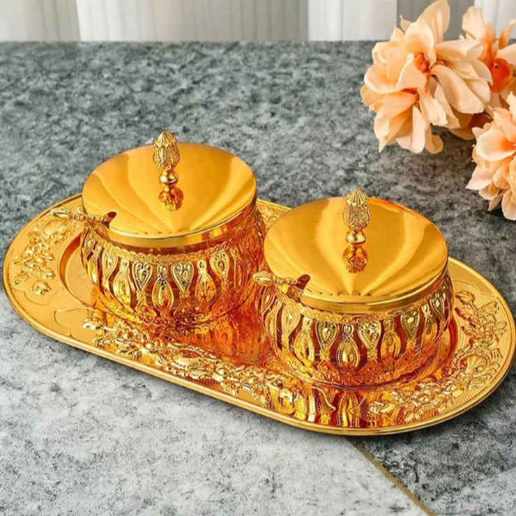 Royal Luxury Sugar Bowl with Lid, Spoon and Tray