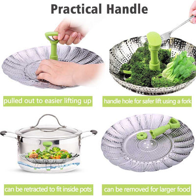 Stainless Steel Foldable Vegetable Steamer Basket with Anti-hot Extendable Handle