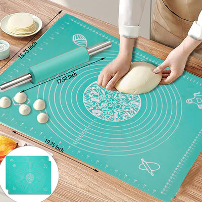 Set of Steel Handle Silicone Rolling Pin and Nonstick Pastry Mat