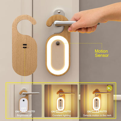 Rechargeable Motion Sensor Door Handle Night Light with Message Memo Board (Wooden Finish)
