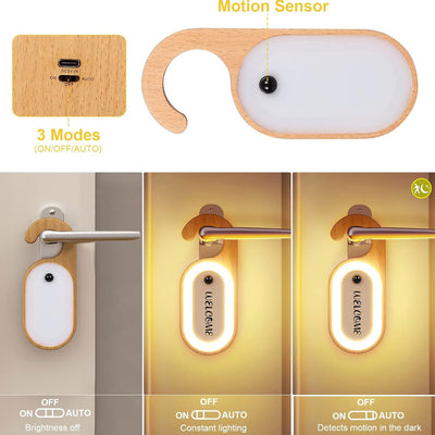 Rechargeable Motion Sensor Door Handle Night Light with Message Memo Board (Wooden Finish)